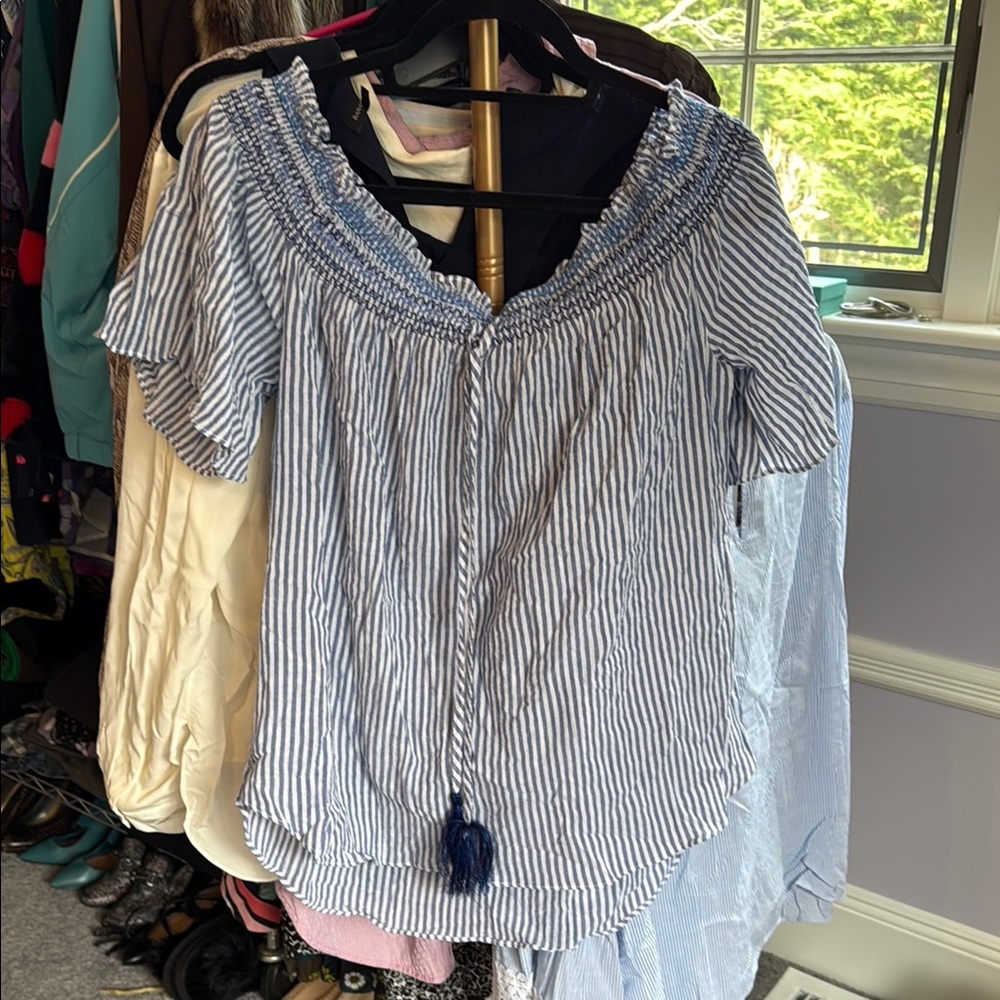 Lauren-Ralph Lauren. Blue and White Striped Off-Shoulder Top. Size XL.
